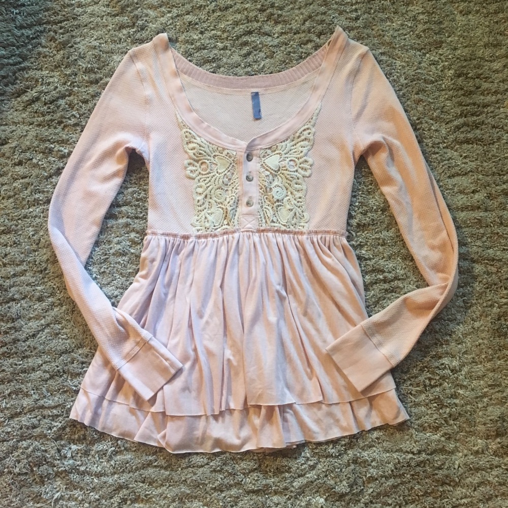 Free People Pink Thermal Tunic Babydoll Shirt LG
